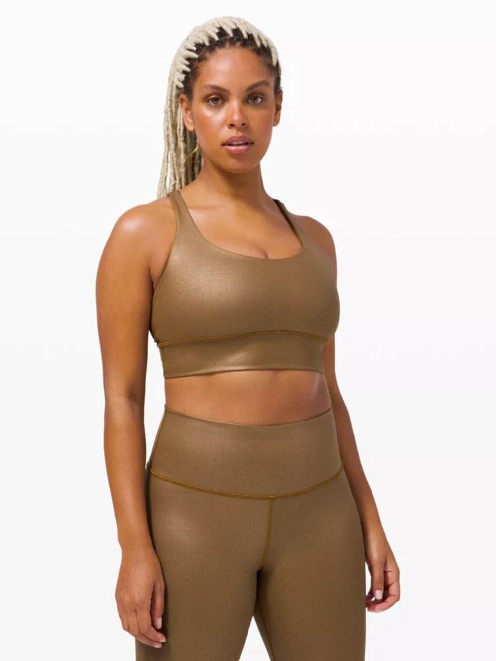 Lululemon Energy Bra Long Line Shine Matte Copper Foil Size 6 Athleisure Luxe - Picture 12 of 13